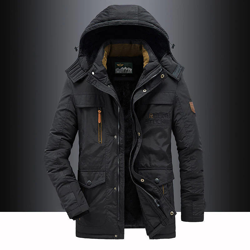 Water-resistant windproof hooded winter parka in black, front view