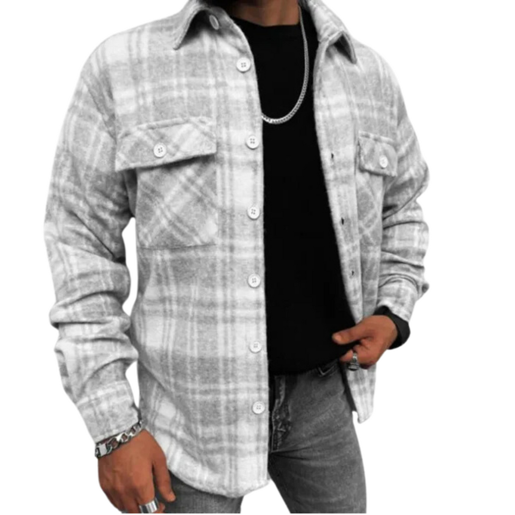 Check Shacket Button Down Brushed Flannel in ash grey, front view