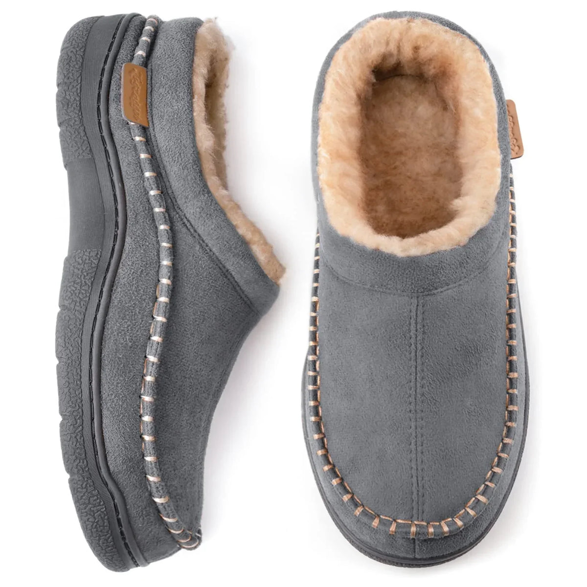 Warm lined closed-back house slippers in grey, side view