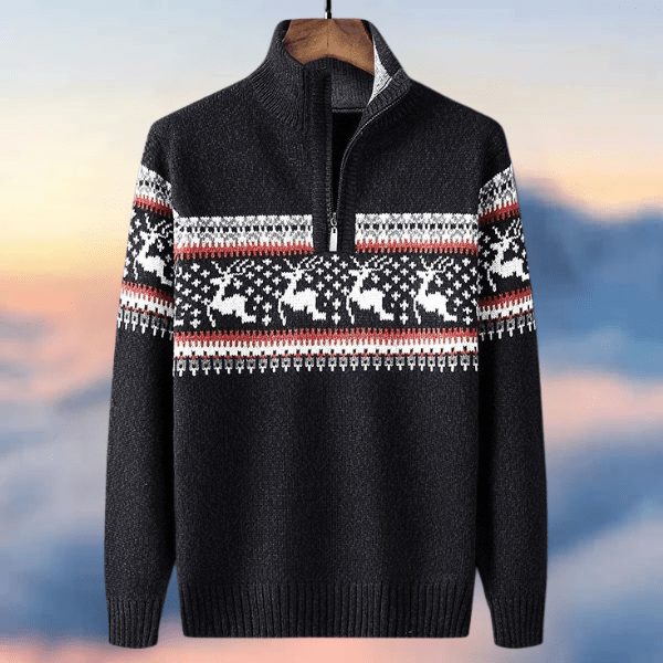 Half zip dense knit festive jumper in red, front view