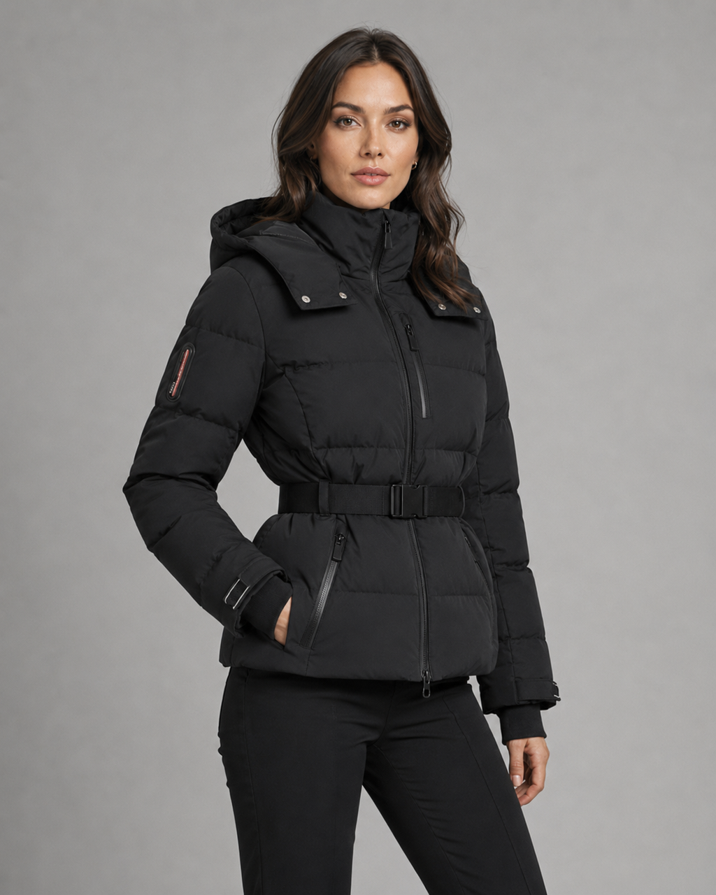 Belted Puffer Jacket Detachable Hood