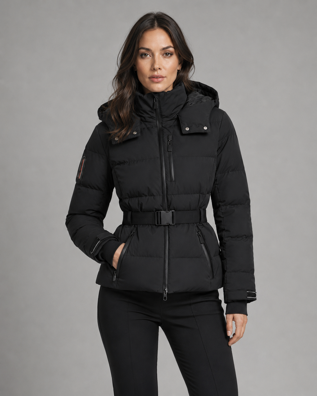 Belted Puffer Jacket Detachable Hood