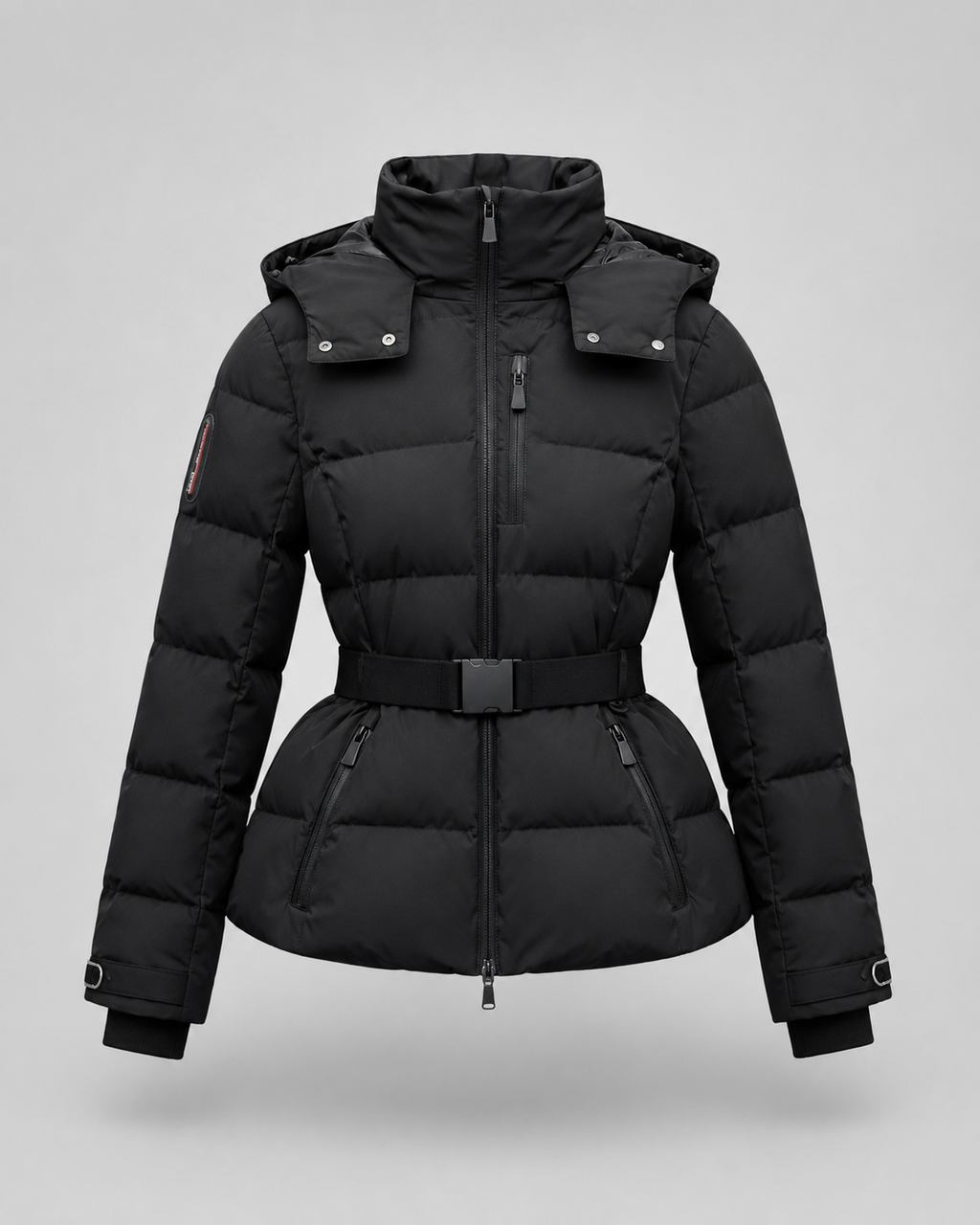 Belted Puffer Jacket Detachable Hood in black, front view