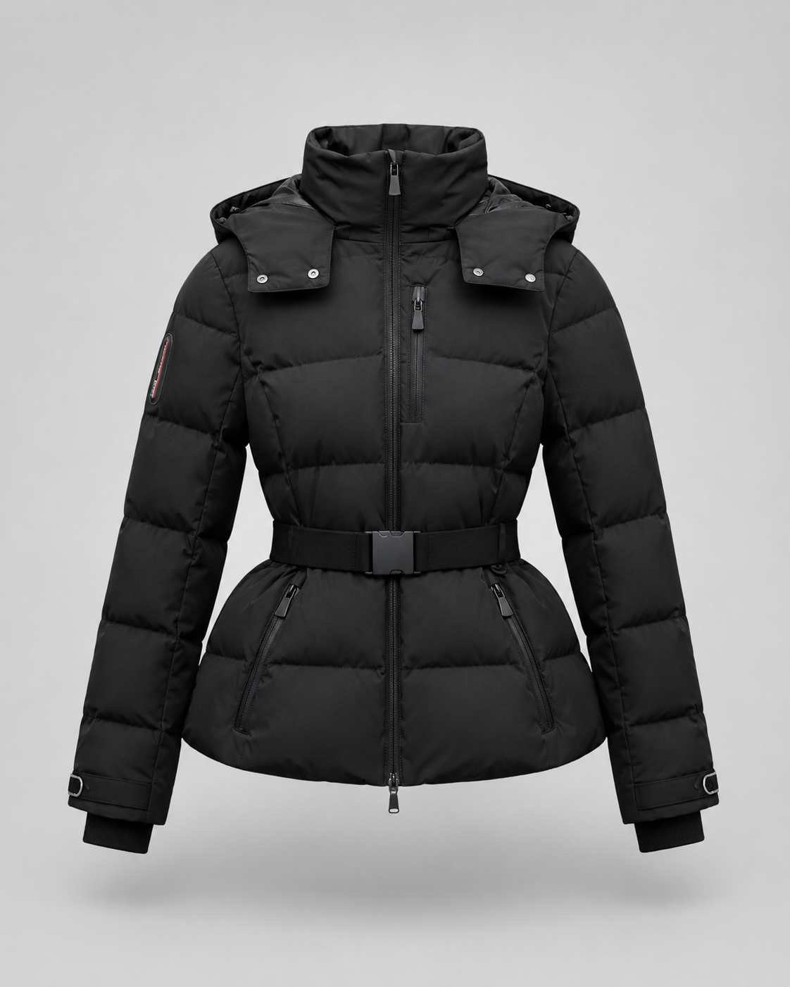 Belted Puffer Jacket Detachable Hood in black, front view
