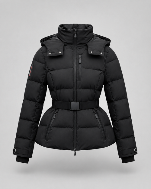 Belted Puffer Jacket Detachable Hood in black, front view