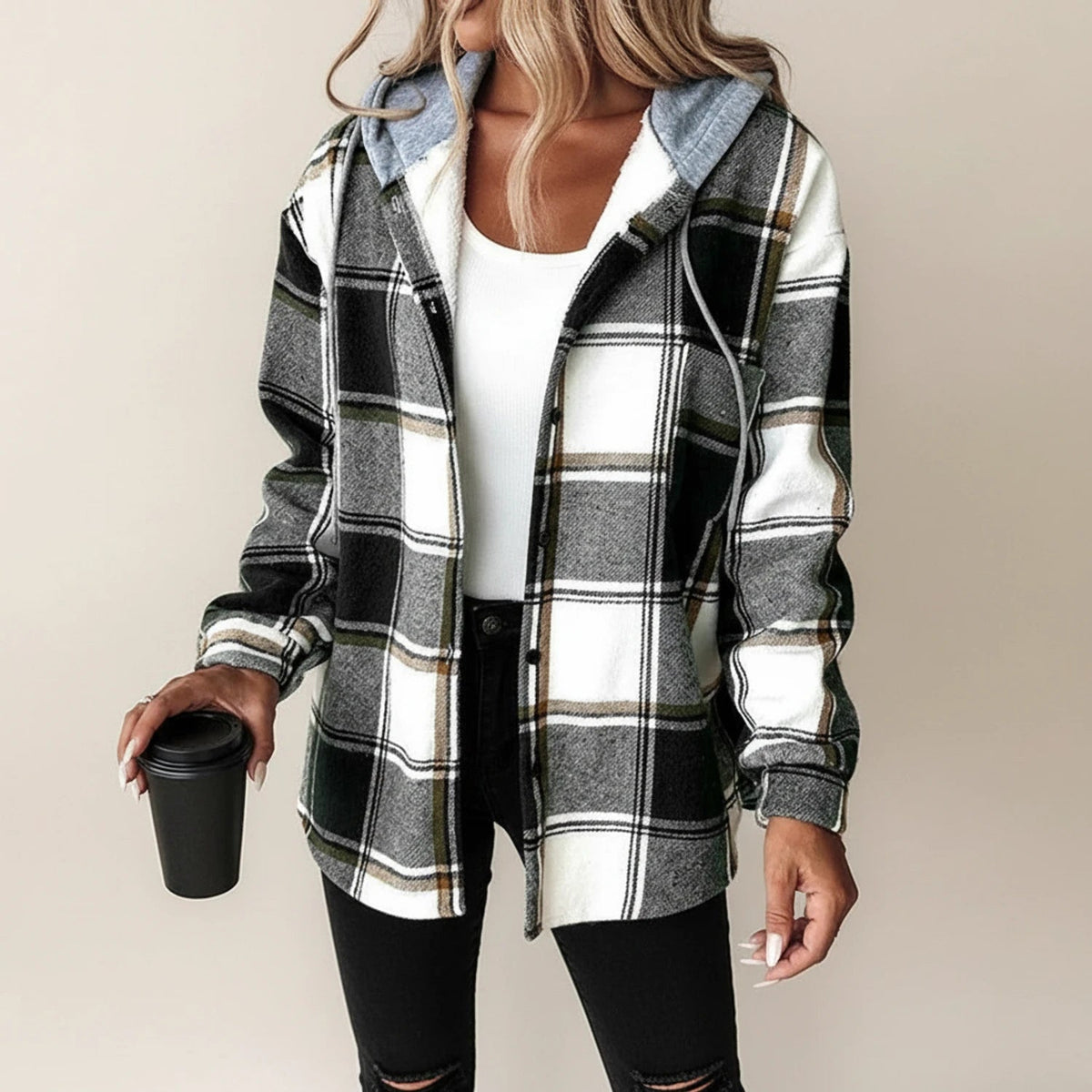 Plaid Hooded Jacket Button Front Relaxed