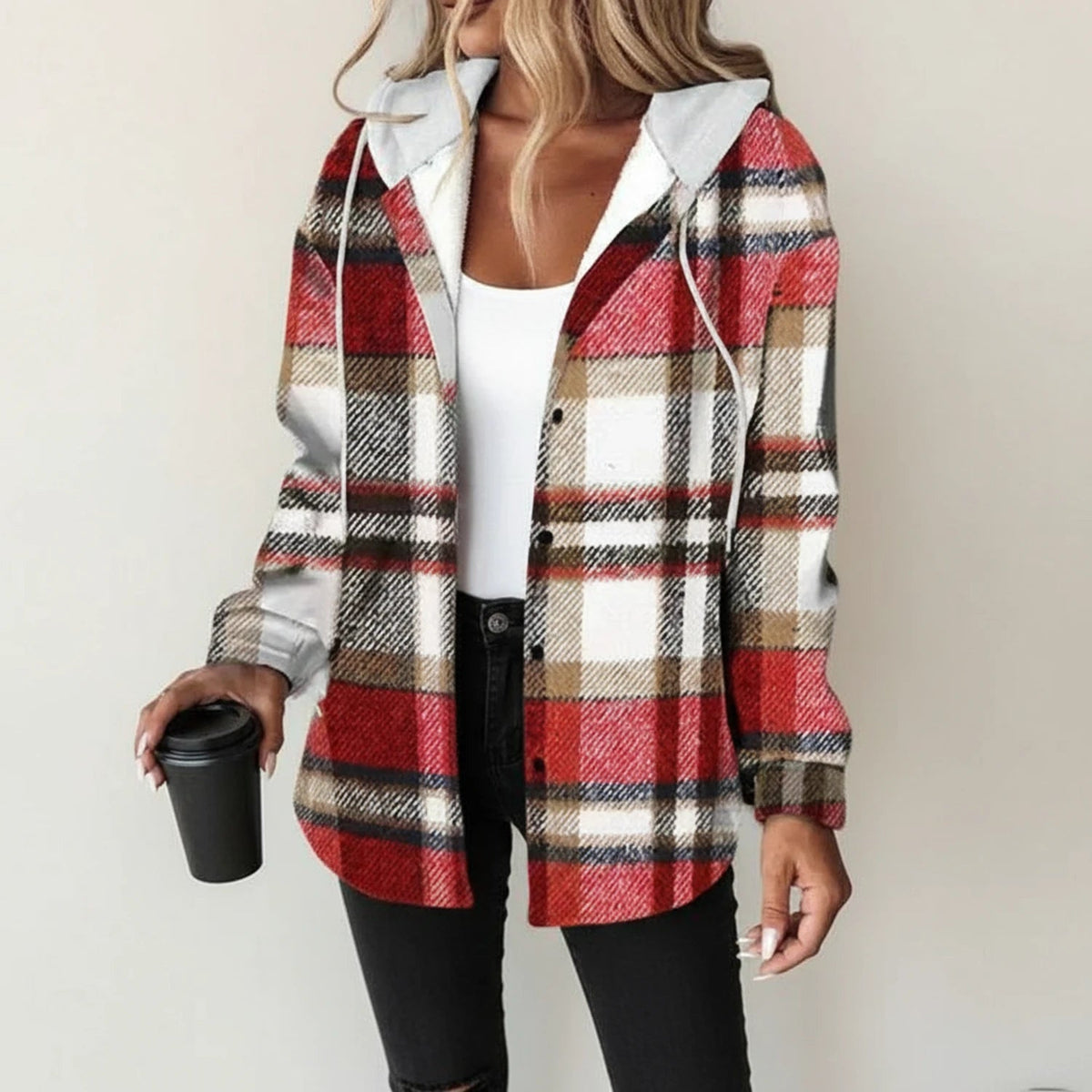 Plaid Hooded Jacket Button Front Relaxed