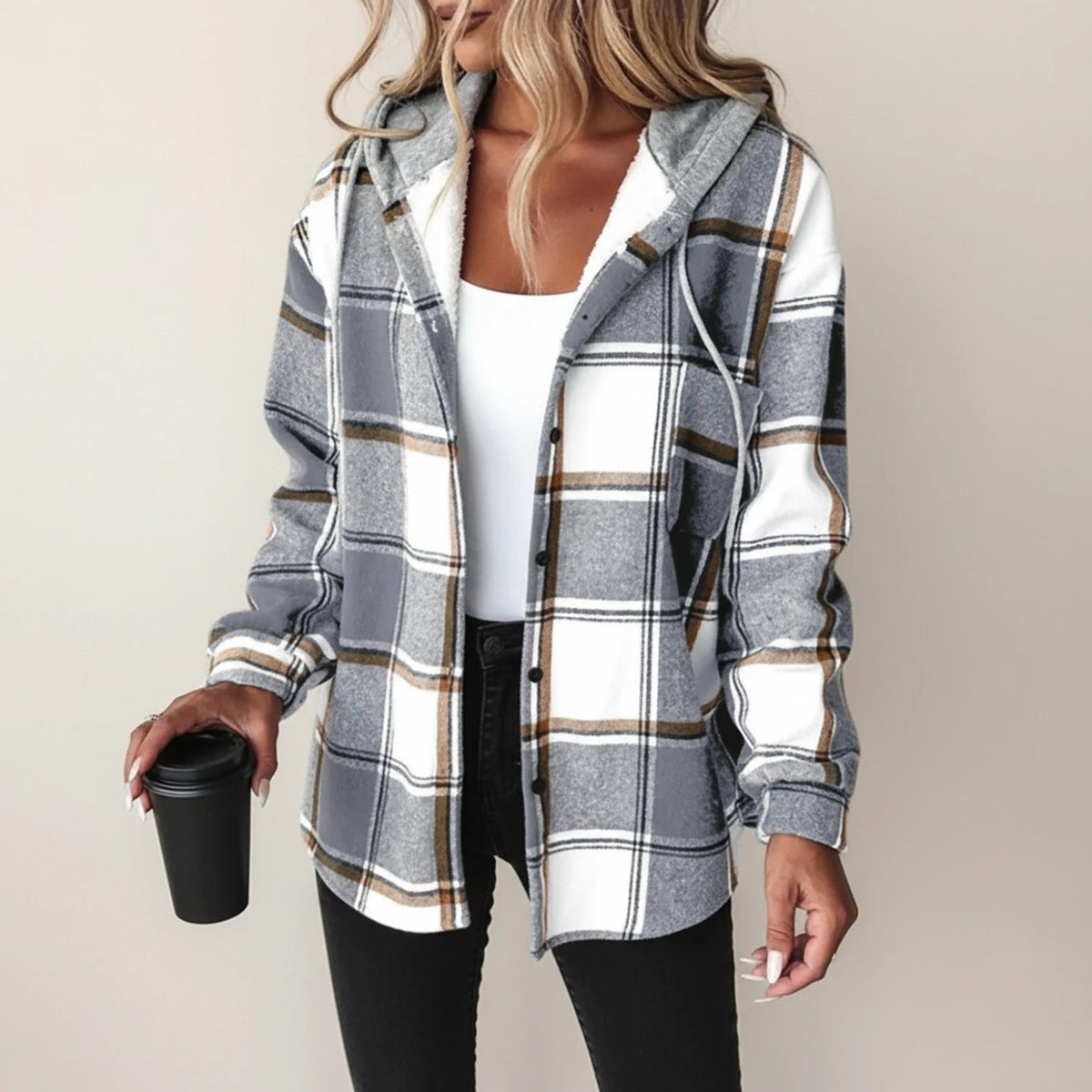 Plaid Hooded Jacket Button Front Relaxed