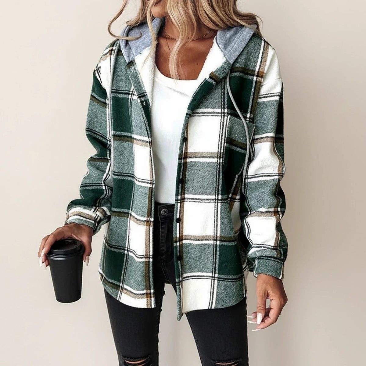 Plaid Hooded Jacket Button Front Relaxed