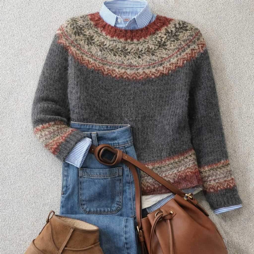 Nordic knit relaxed crew neck jumper in gray, front view