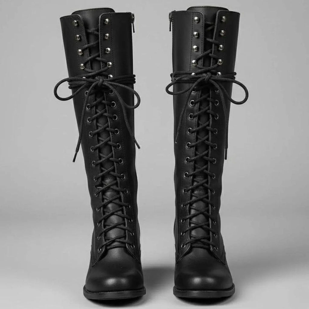 Lace-Up Knee-High Boots Studded Block Heel