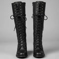 Lace-Up Knee-High Boots Studded Block Heel