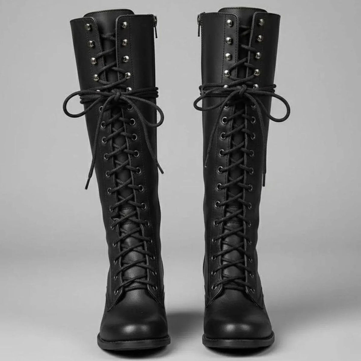 Lace-Up Knee-High Boots Studded Block Heel