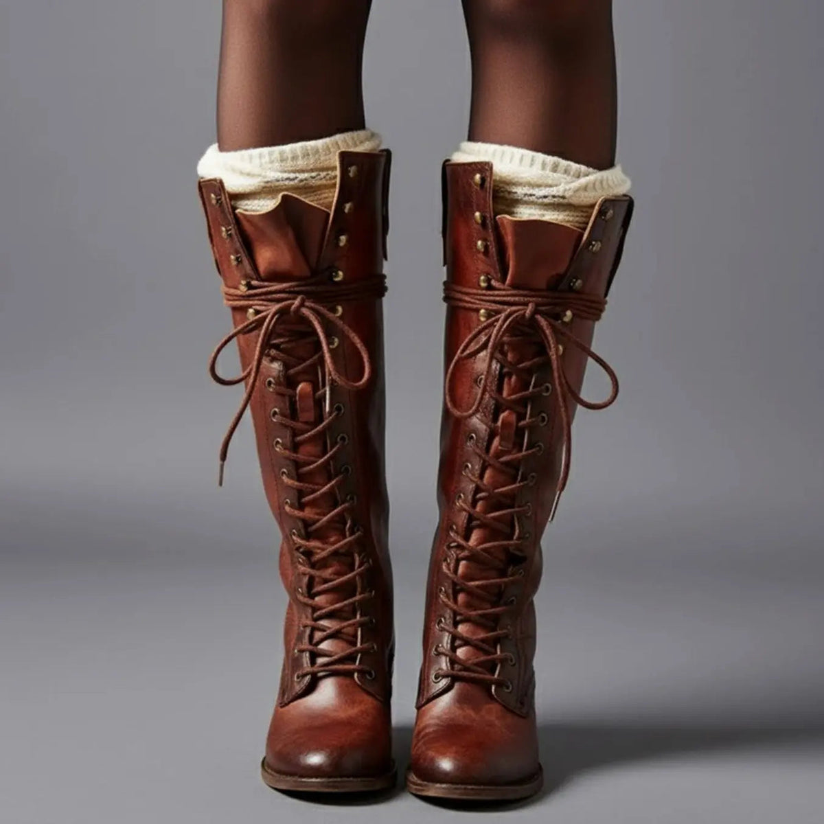 Lace-Up Knee-High Boots Studded Block Heel