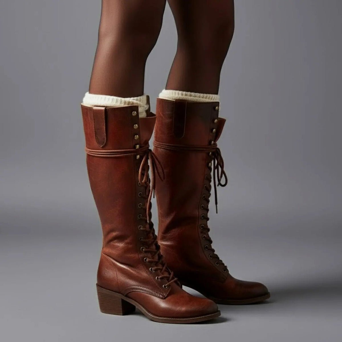 Lace-Up Knee-High Boots Studded Block Heel