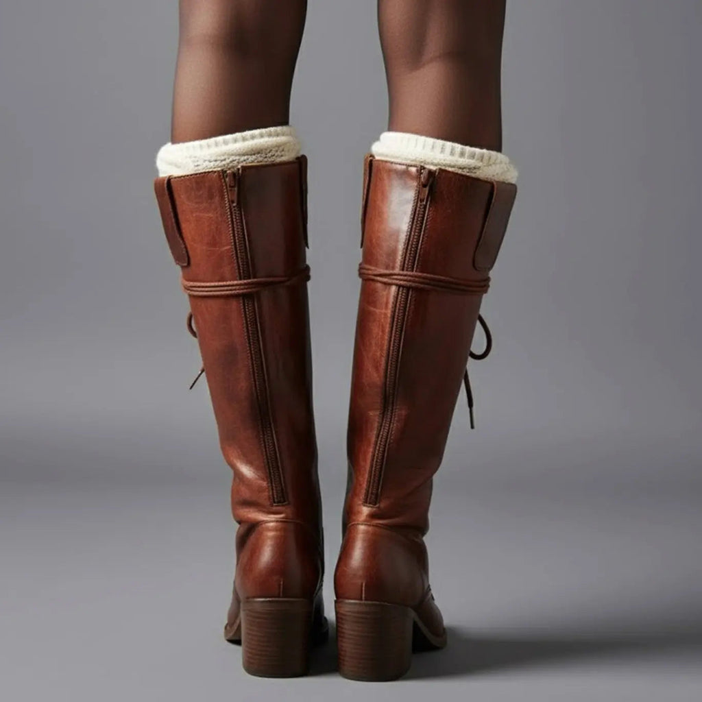Lace-Up Knee-High Boots Studded Block Heel