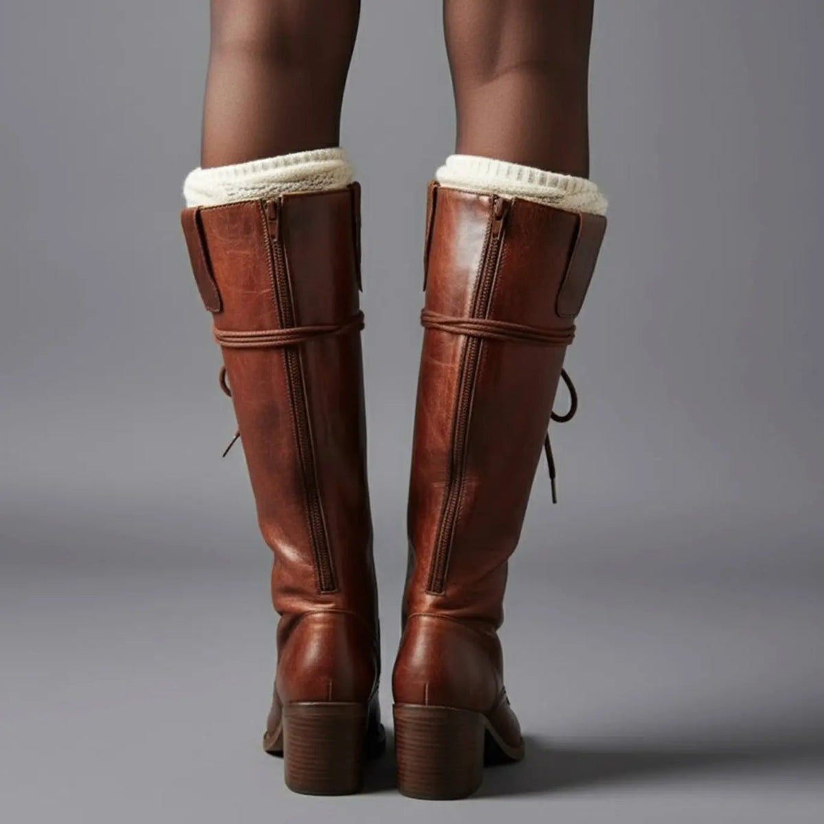 Lace-Up Knee-High Boots Studded Block Heel