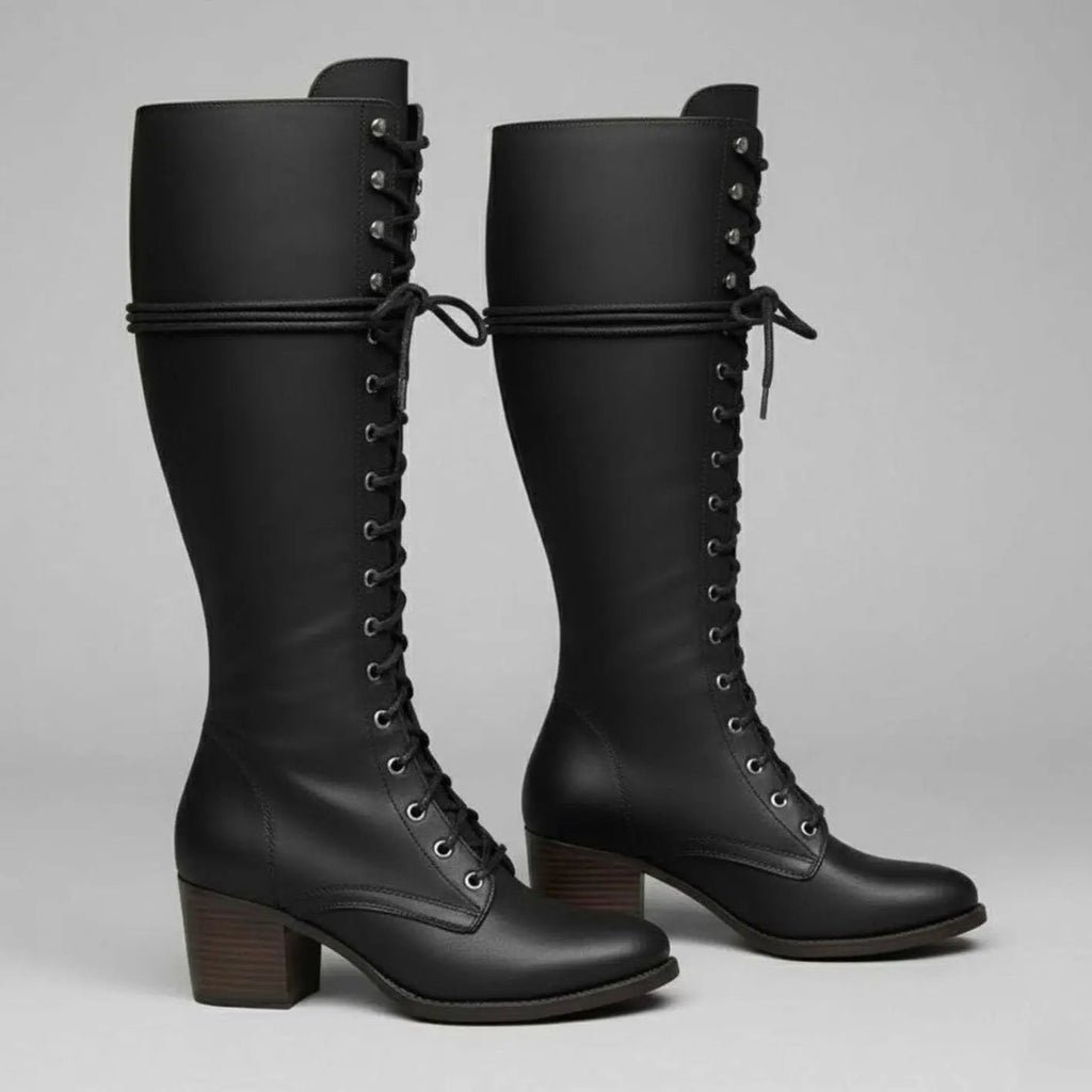 Lace-Up Knee-High Boots Studded Block Heel
