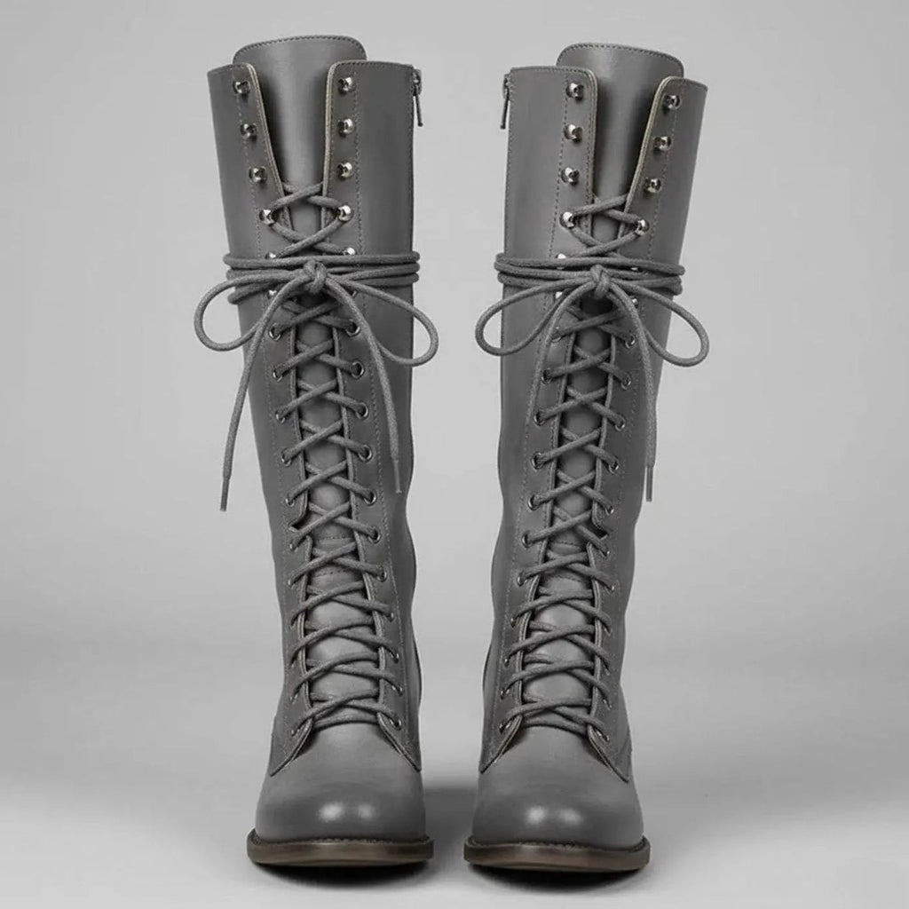 Lace-Up Knee-High Boots Studded Block Heel