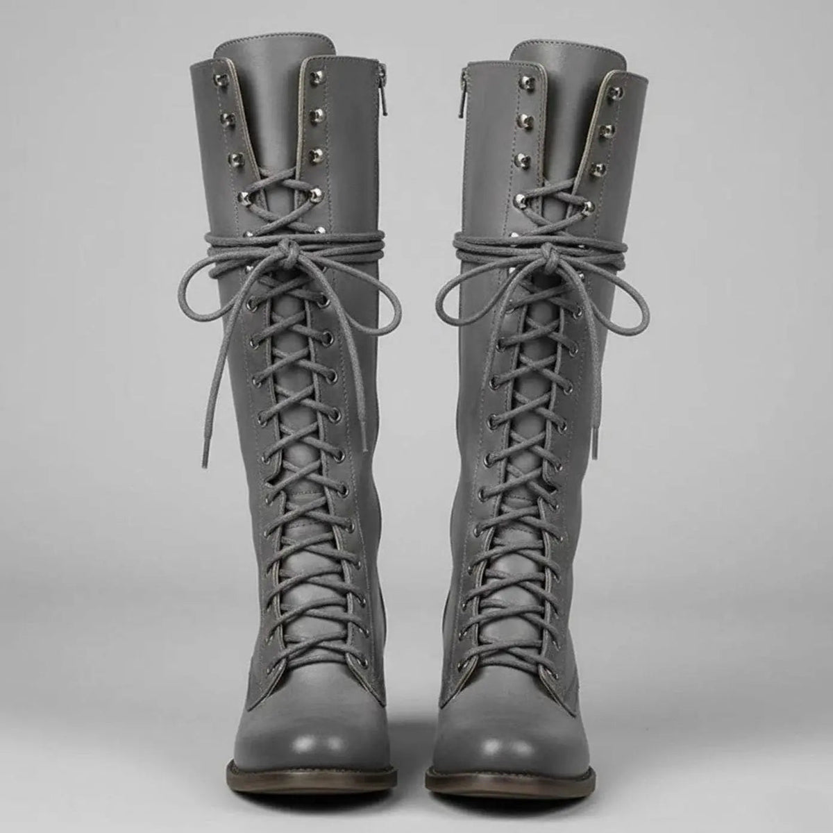 Lace-Up Knee-High Boots Studded Block Heel