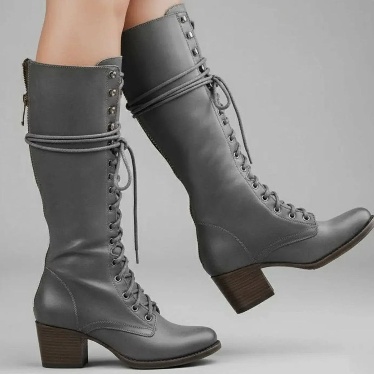 Lace-Up Knee-High Boots Studded Block Heel