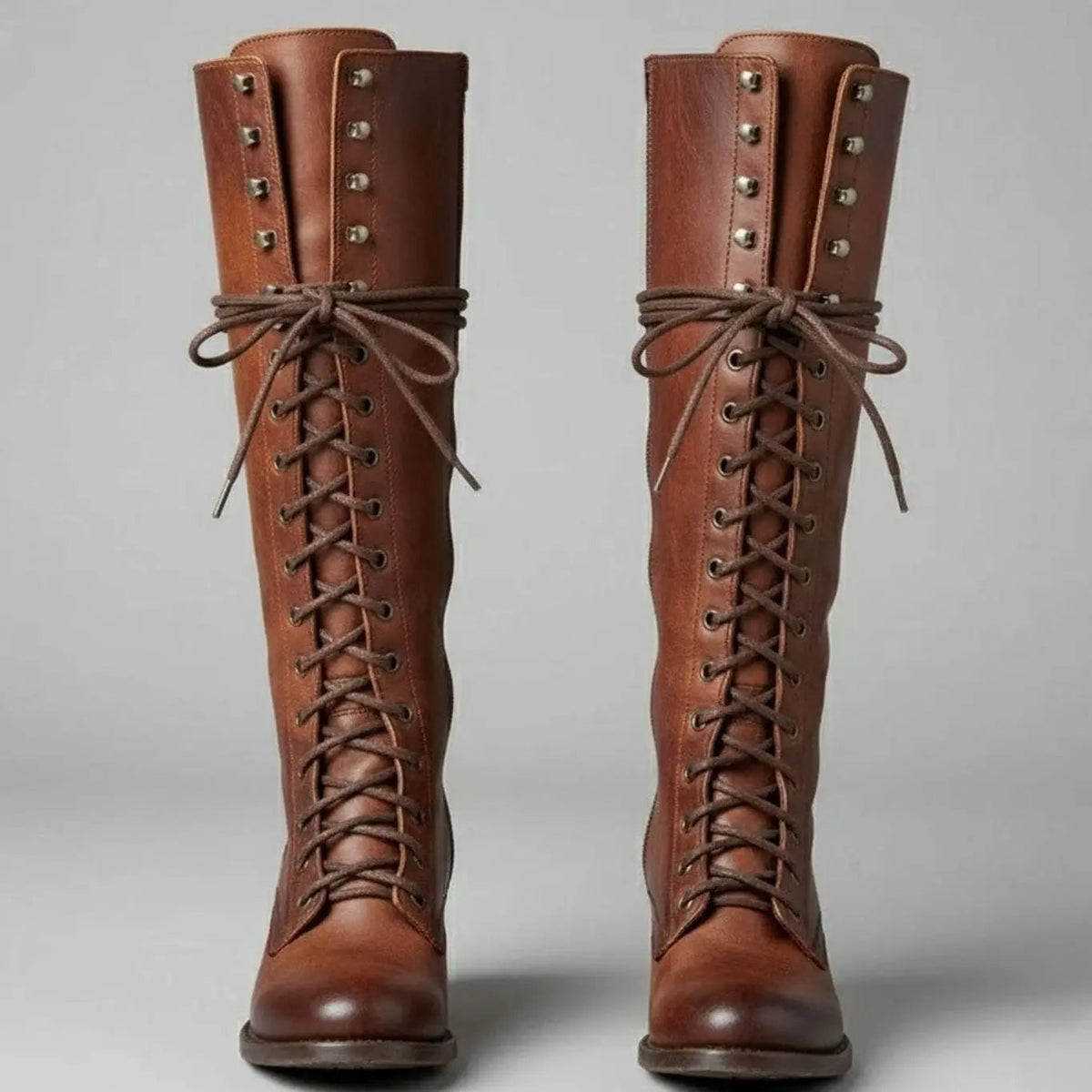 Lace-Up Knee-High Boots Studded Block Heel