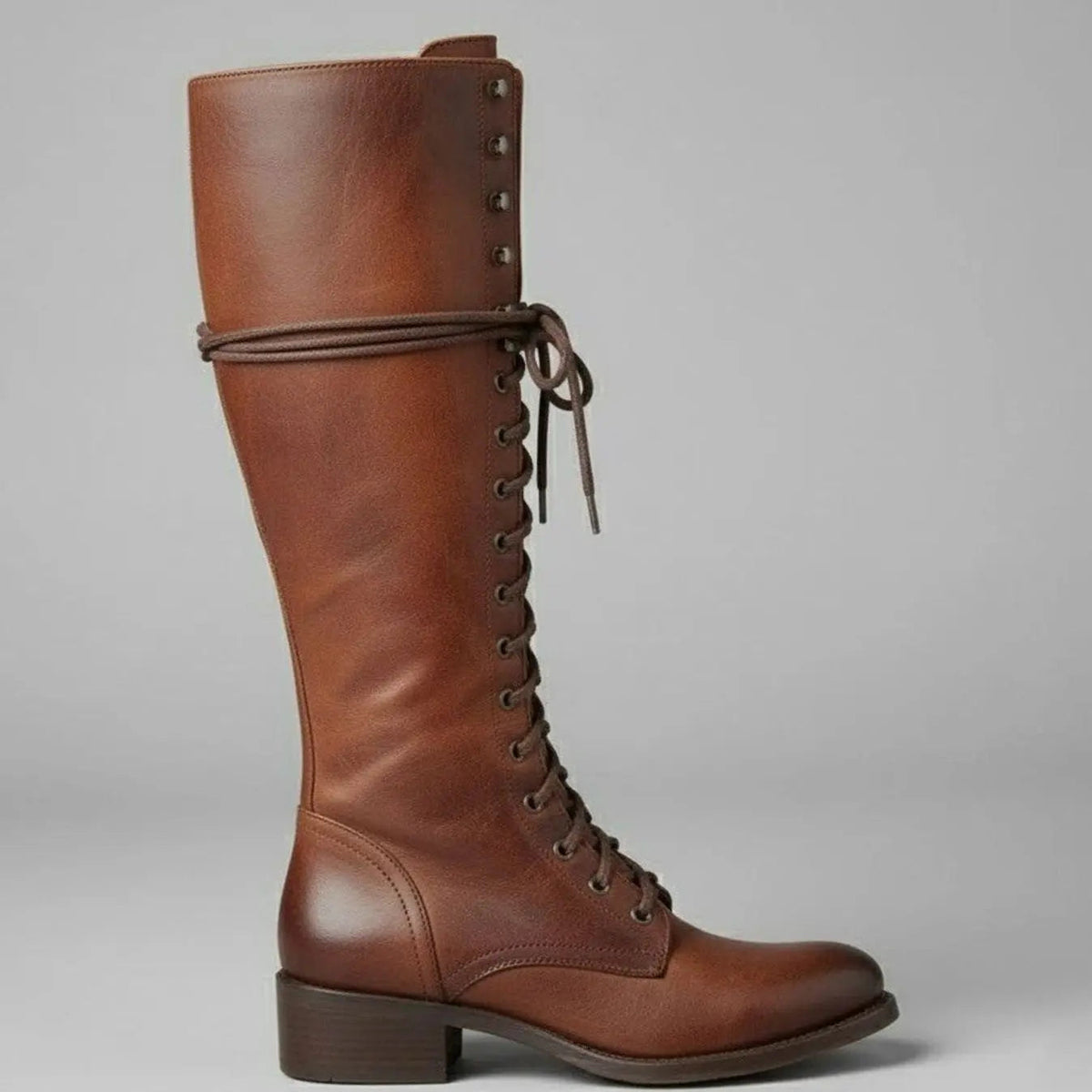 Lace-Up Knee-High Boots Studded Block Heel
