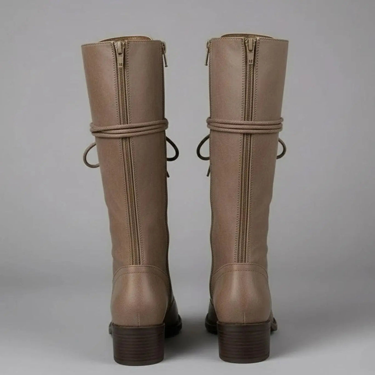 Lace-Up Knee-High Boots Studded Block Heel