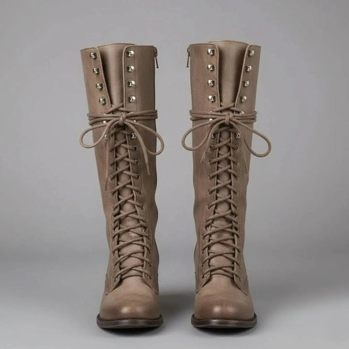 Lace-Up Knee-High Boots Studded Block Heel