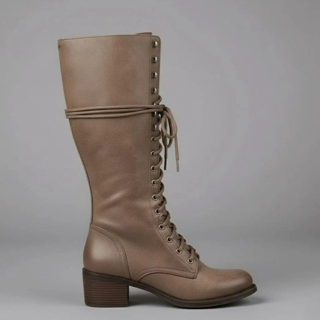 Lace-Up Knee-High Boots Studded Block Heel