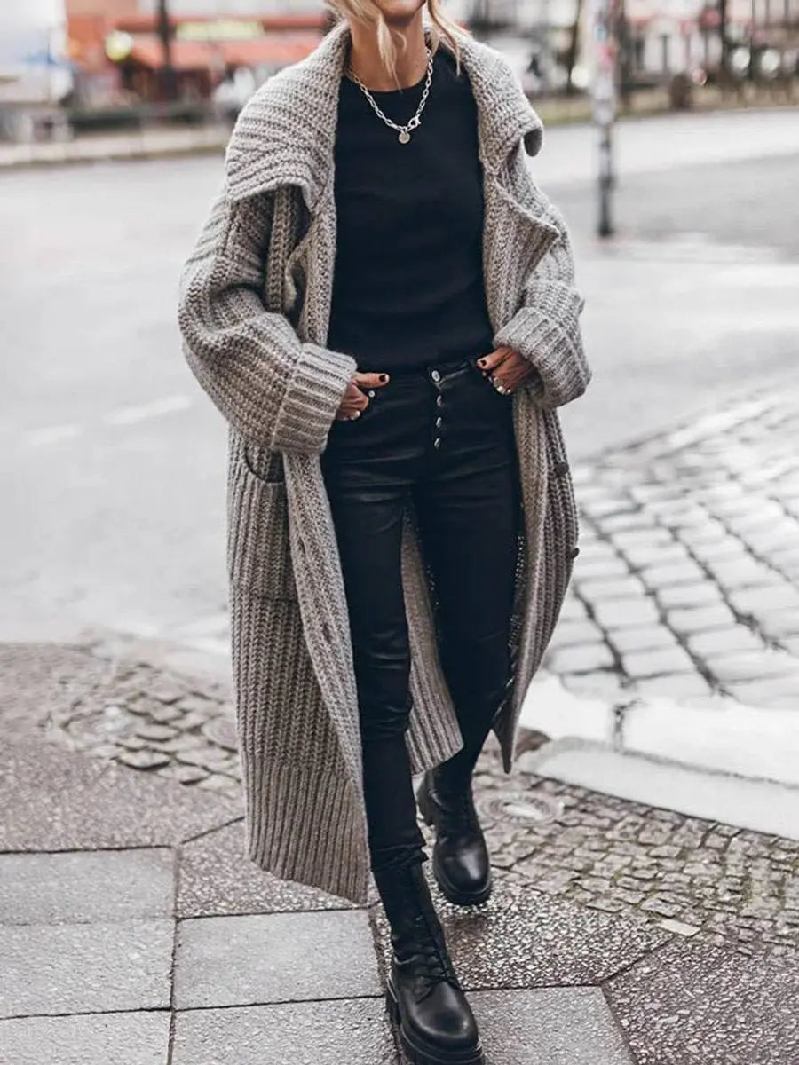Chunky Knit Cardigan Lapel Longline Oversized