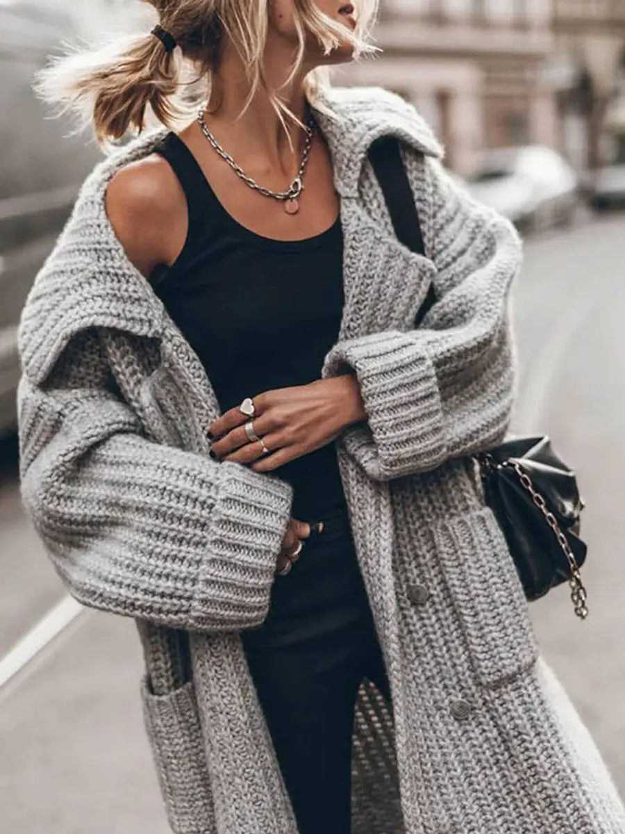Chunky Knit Cardigan Lapel Longline Oversized