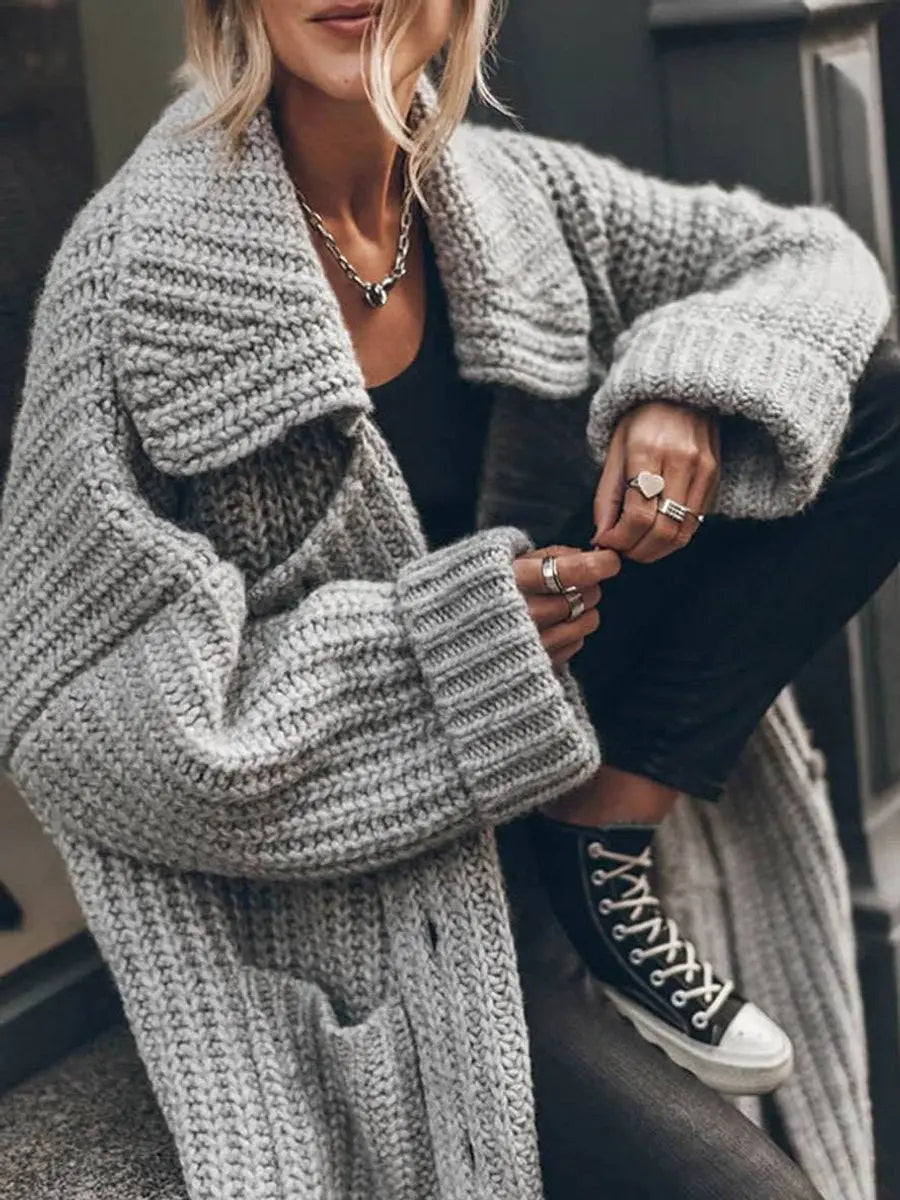 Chunky Knit Cardigan Lapel Longline Oversized