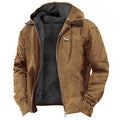 Lined hooded winter jacket in brown, front view