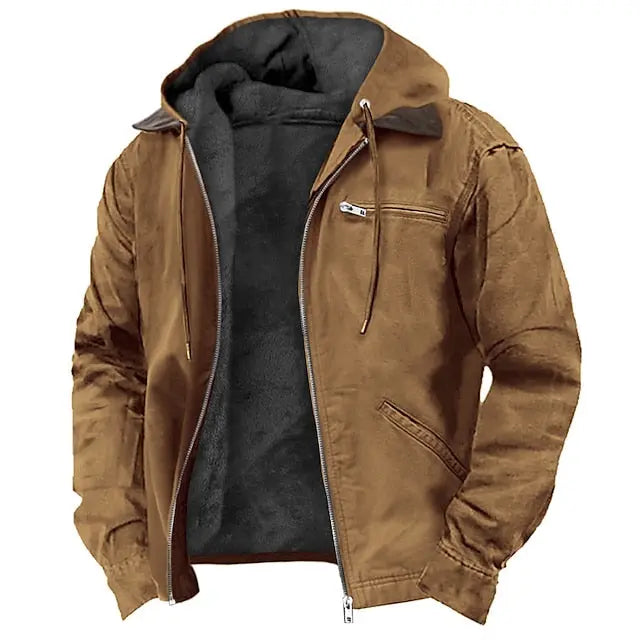 Lined hooded winter jacket in brown, front view