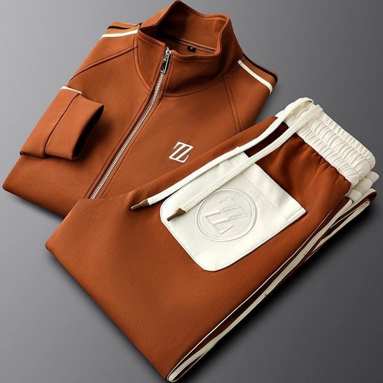 Two piece hooded tracksuit set in chestnut brown, front view