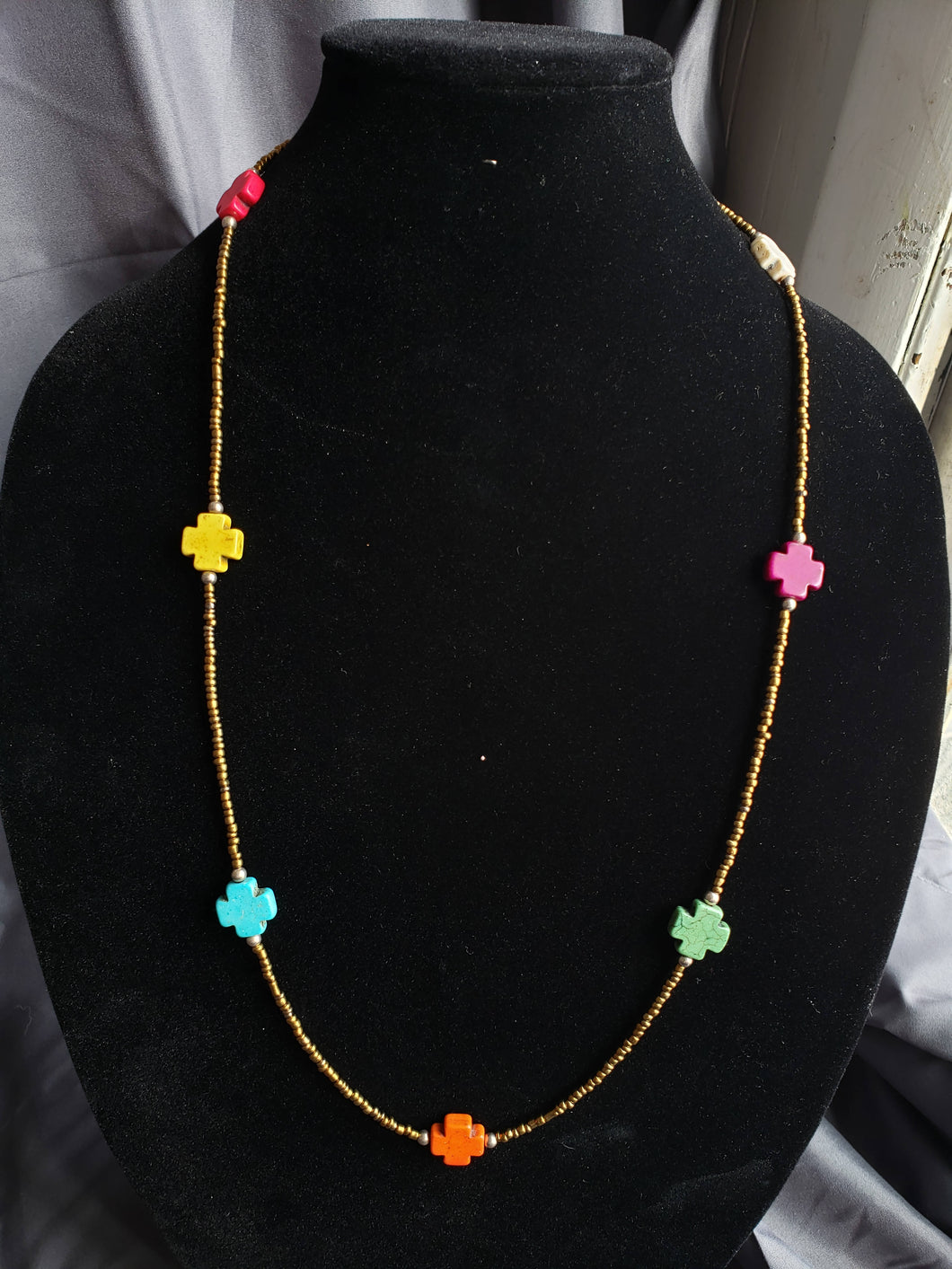 Bronze and Multi-Colored Cross Necklace-NS-31-0001