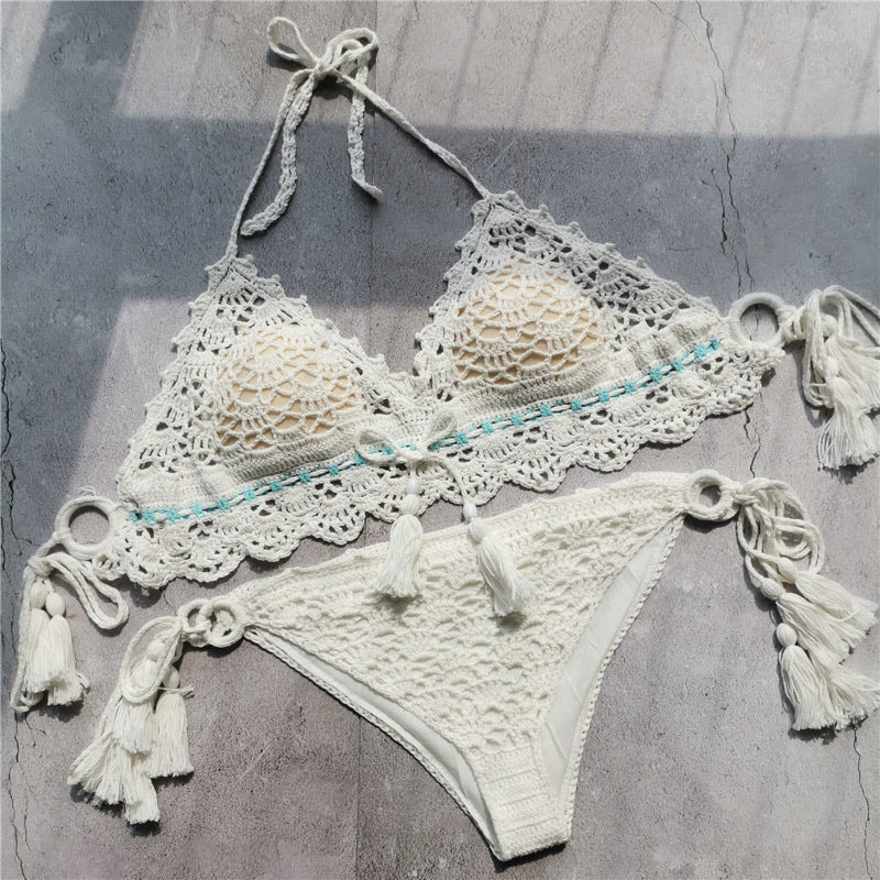 Sw26 White Hand Knitted Lace Two Piece