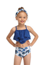 Load image into Gallery viewer, Ksw06 Dark Blue Ruffle Top With Blue Palm Trees Bottom (KIDS)