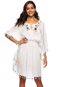 0006 White Floral Short Dress With tassels