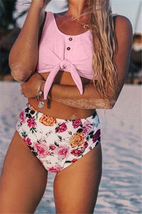 Sw16 Solid Light Pink With Bow Top And Floral High Waist Bottom