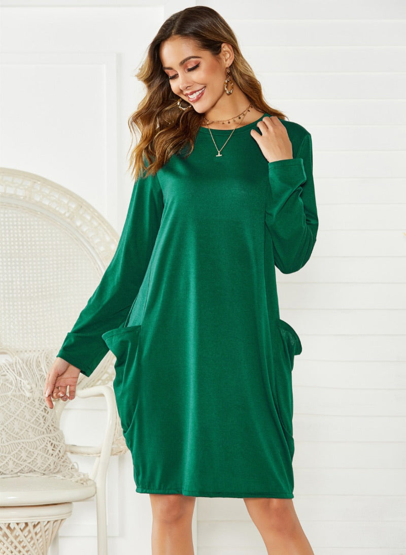 2036 Army Green Long Sleeve Dress With Pockets