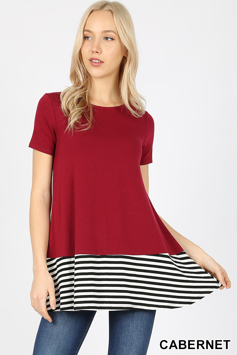 0818 Maroon Short Sleeve Top With White And Black Stripes