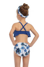 Load image into Gallery viewer, Ksw06 Dark Blue Ruffle Top With Blue Palm Trees Bottom (KIDS)