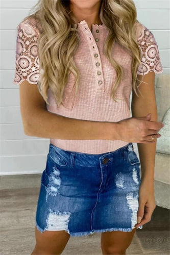 1017 Pink Short Sleeve W/ Lace Detail