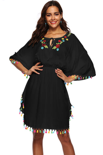 0005 Black Floral Short Dress With tassels