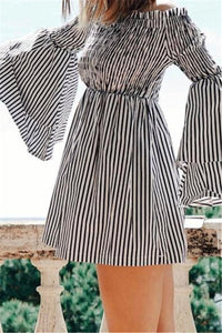 0169 off the shoulder gray and white dress