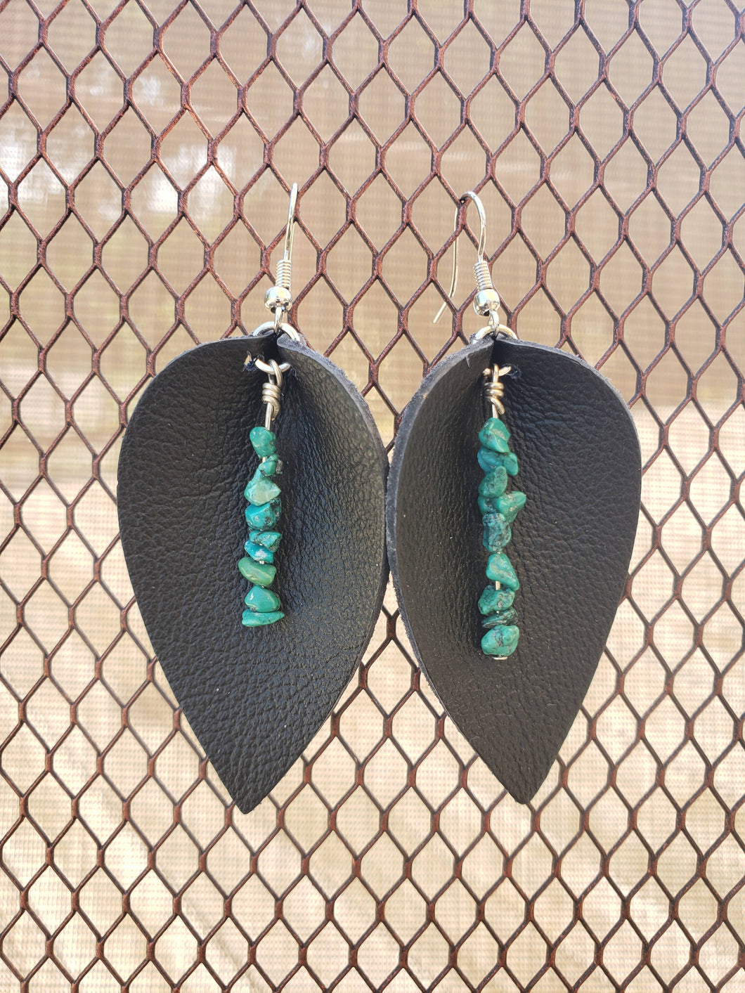 Leather and Turquiose Nuggets Earrings-EL-57-0002